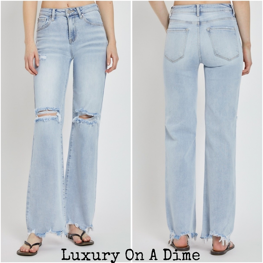RISEN Distressed High-Rise Jeans Retro Straight Wide Leg Classic Denim Pants - Picture 14 of 16